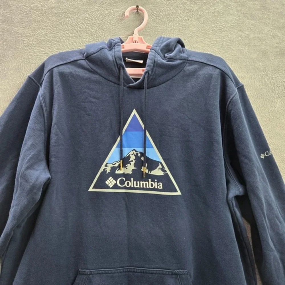 Columbia‎ Men Sweatshirt L Blue Mountain Logo Graphic Hoodie Fleece Drawstring